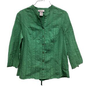 VTG Nine & Company Womens Top Size 12 Green Textured Tie Back 3/4 Sleeve Preppy